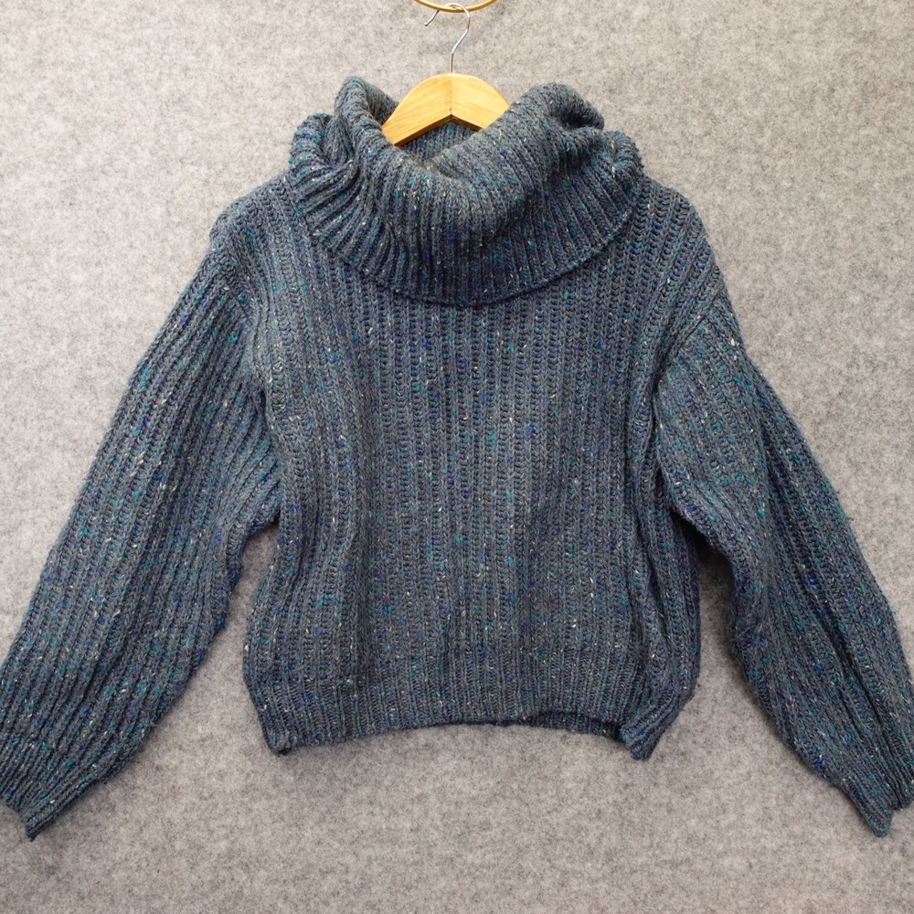 Vintage Cowl Neck Crop Sweater Womens M Blue Wool Chunky Rib Speckled Hand Knit